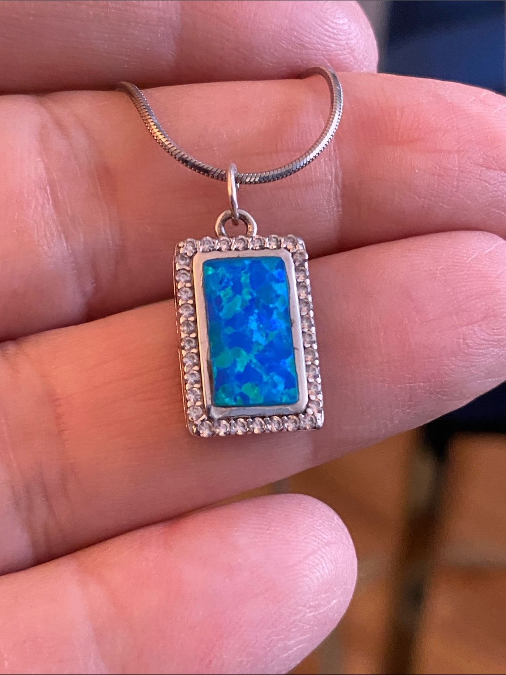 925 Sterling Silver Blue Opal-Style Pendant Necklace